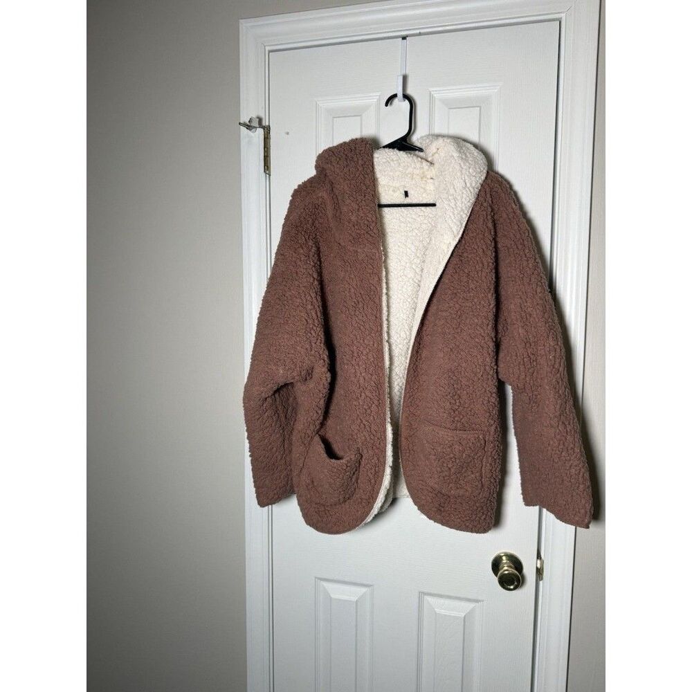 Women’s Sherpa Hooded Jacket Mauve Purple Cream Lined Plush Teddy Open Front